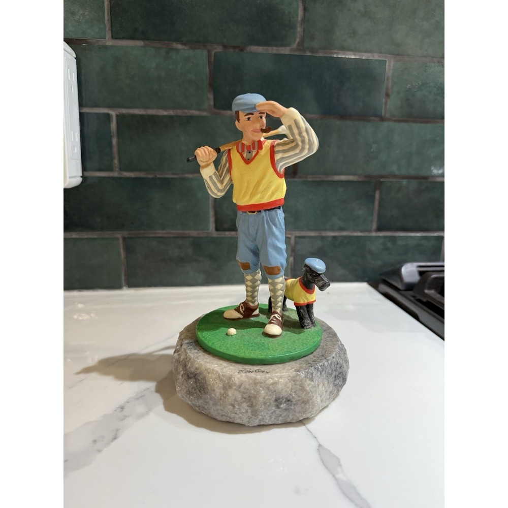 1994 Ron Lee Sculpture Golfer And Dog In Matching Outfit Signed